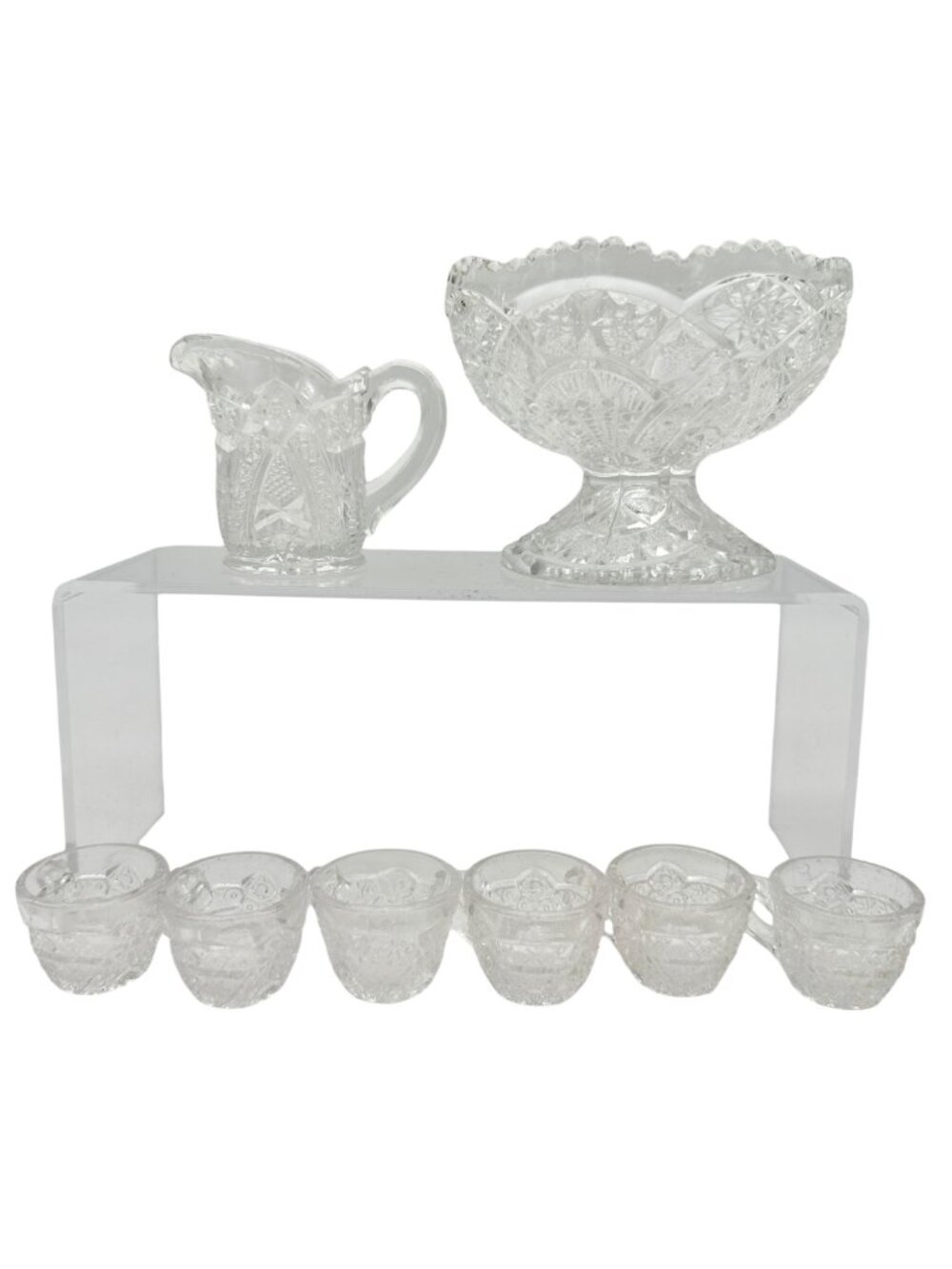 Vintage Childrens Glass Punch Bowl Set 6 Cups Intricate Diamond Pattern EAPG